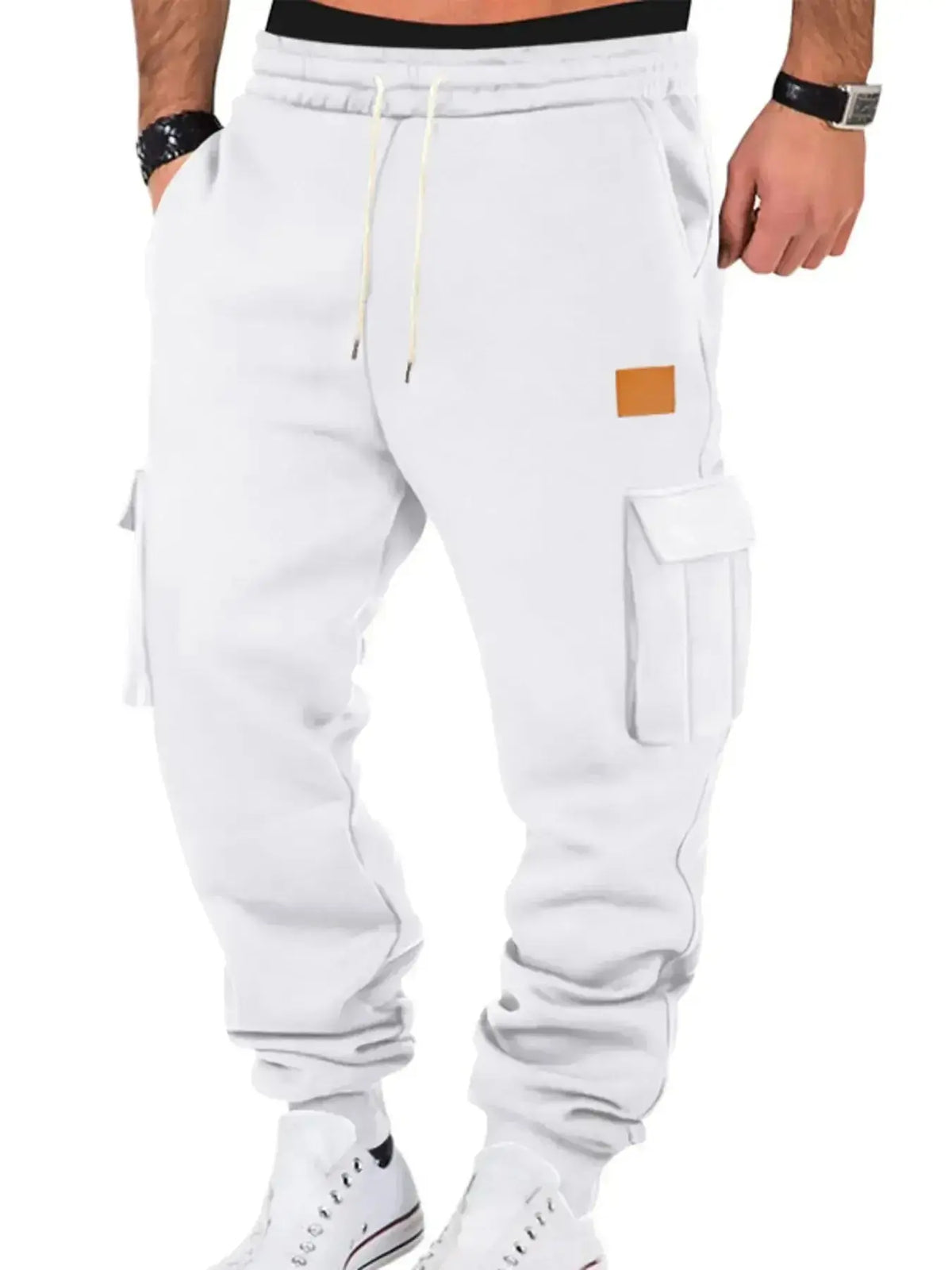 Men's durable cargo jogger pants with drawstring waist, plush fabric, and functional pockets for casual or active wear.