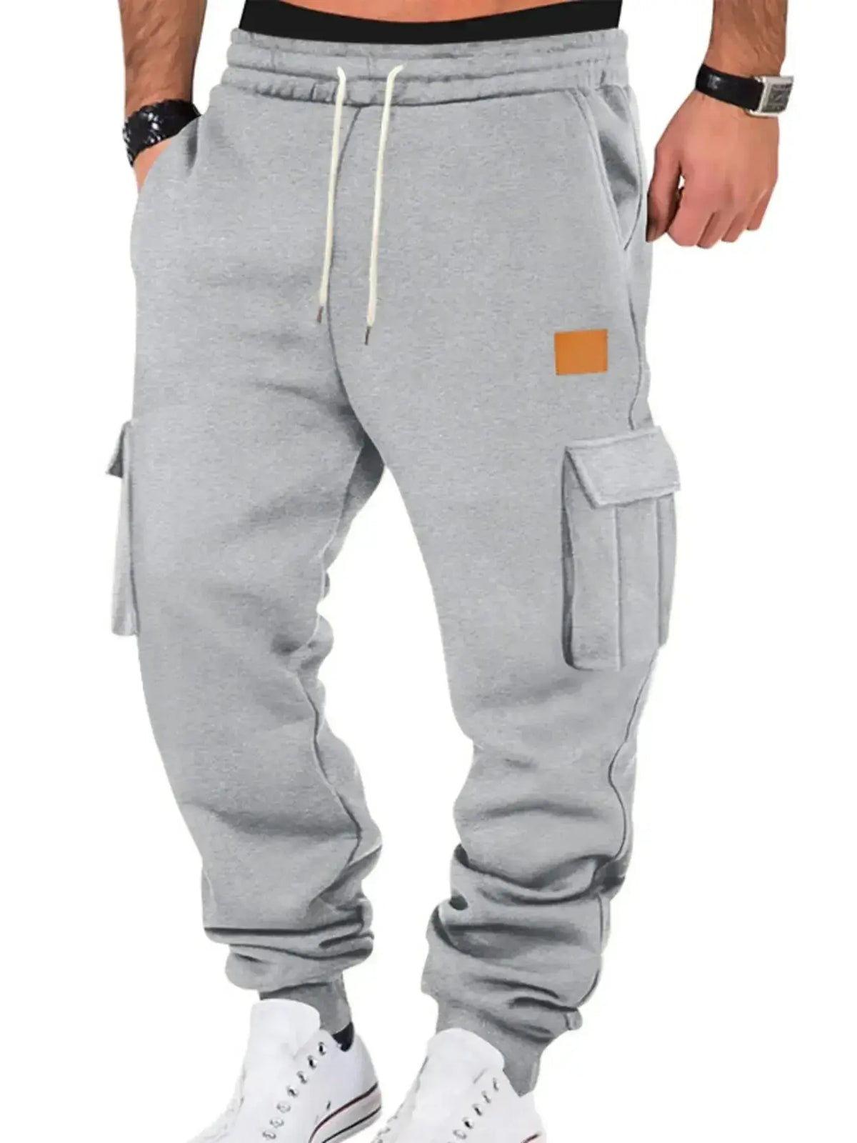 Men's durable cargo jogger pants with drawstring waist from Plush Fashion Hub, featuring multiple pockets and relaxed fit.