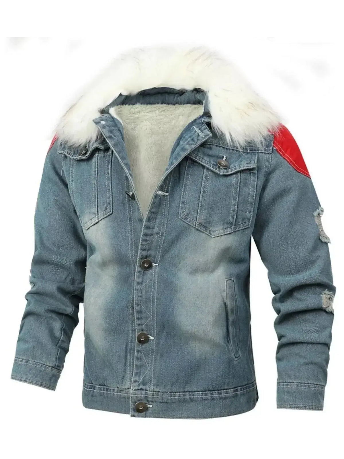 Men's insulated denim jacket with faux fur collar, rugged winter outerwear by Plush Fashion Hub, featuring a stylish and warm design.
