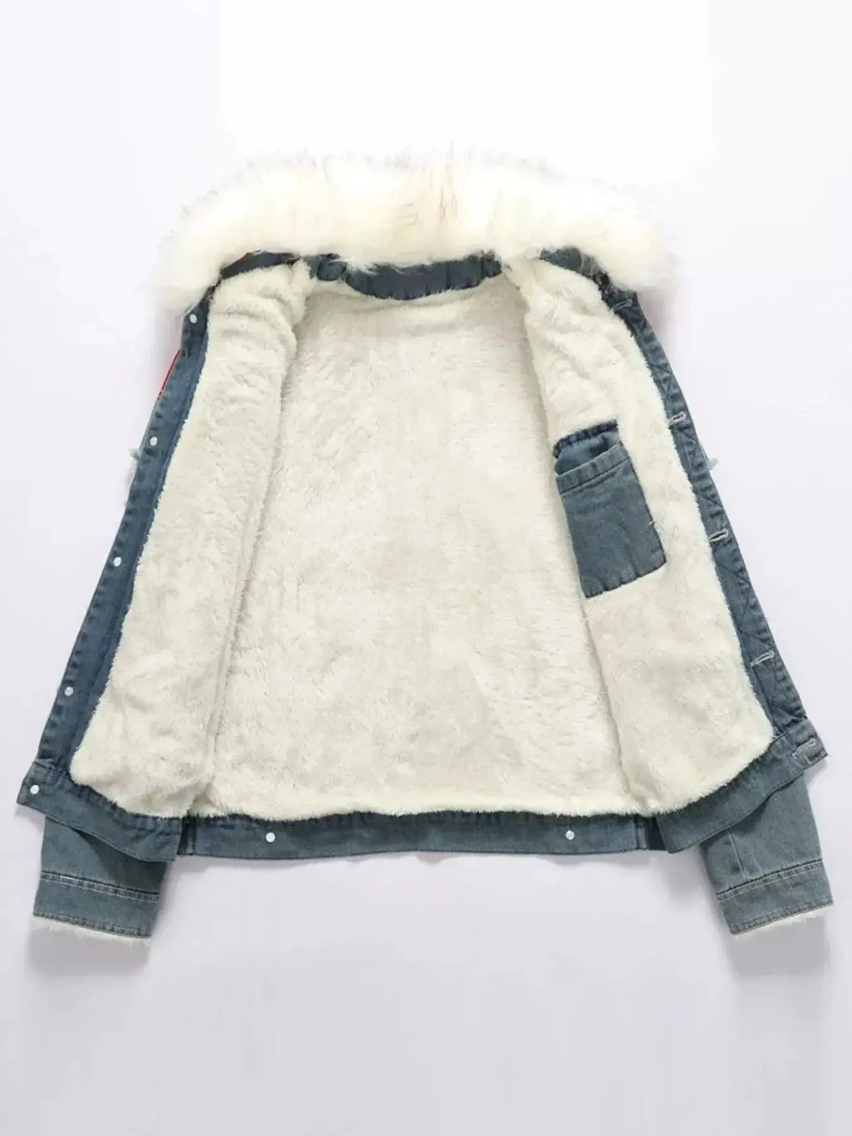 Men's insulated denim jacket with faux fur collar, rugged winter outerwear by Plush Fashion Hub, featuring warm, durable denim design.