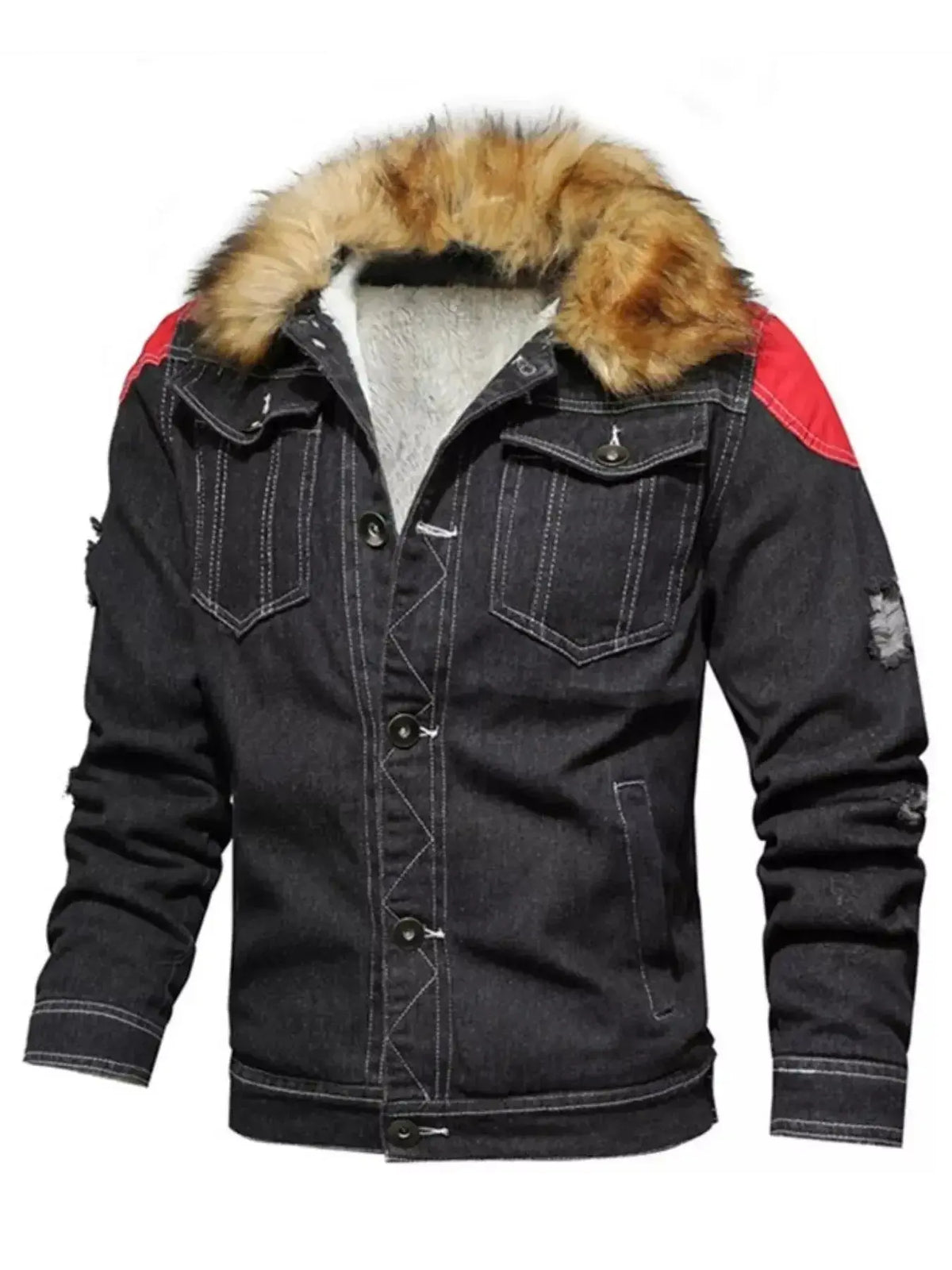 Men's insulated denim jacket with faux fur collar, rugged winter outerwear by Plush Fashion Hub, featuring durable denim fabric.