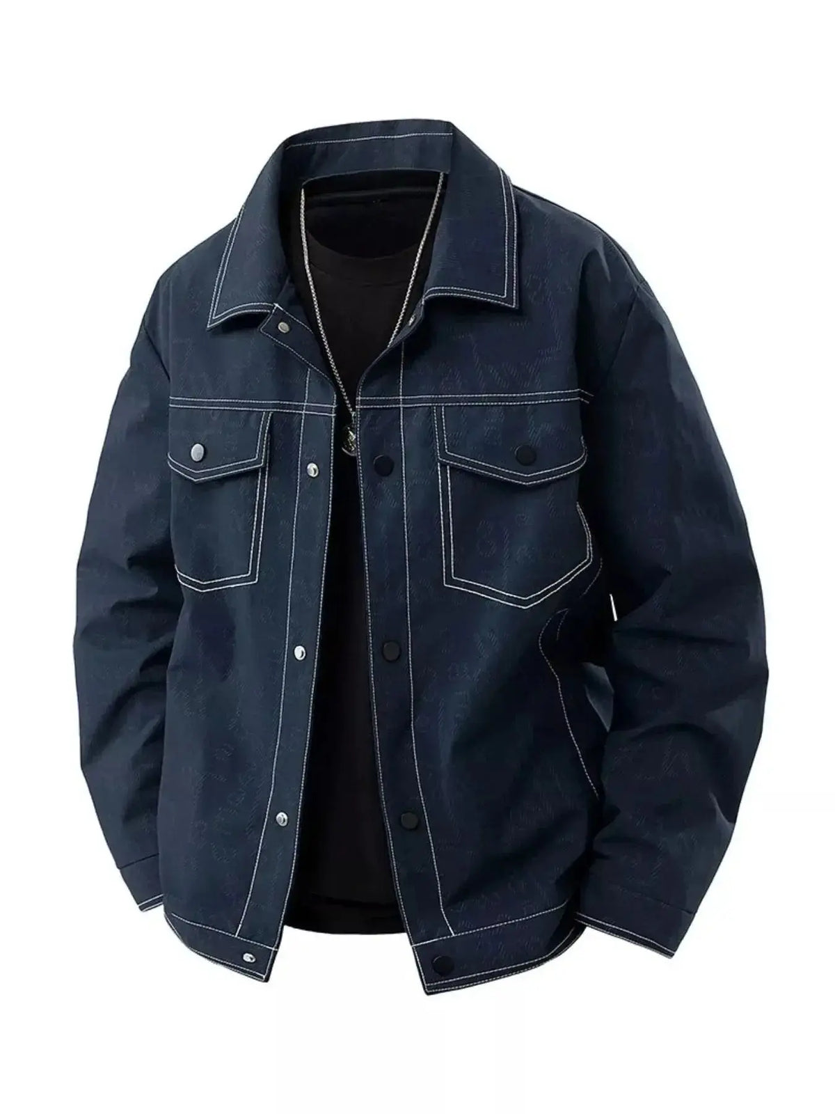 Men's plus size relaxed fit denim jacket with snap-down front, oversized casual outerwear from Plush Fashion Hub.