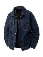 Plus size men's casual denim jacket with snap-down front, relaxed fit, oversized style, from Trendsi.