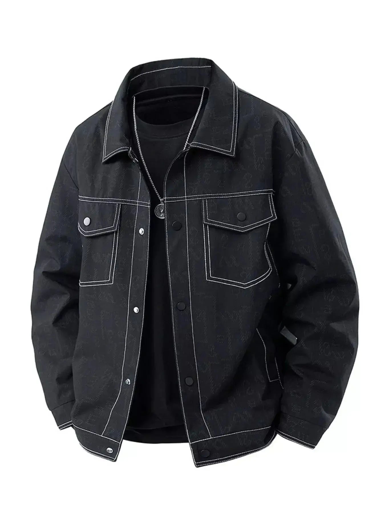 Men's plus size casual denim jacket with snap-down front, relaxed fit, oversized style, trendy outerwear by Trendsi.