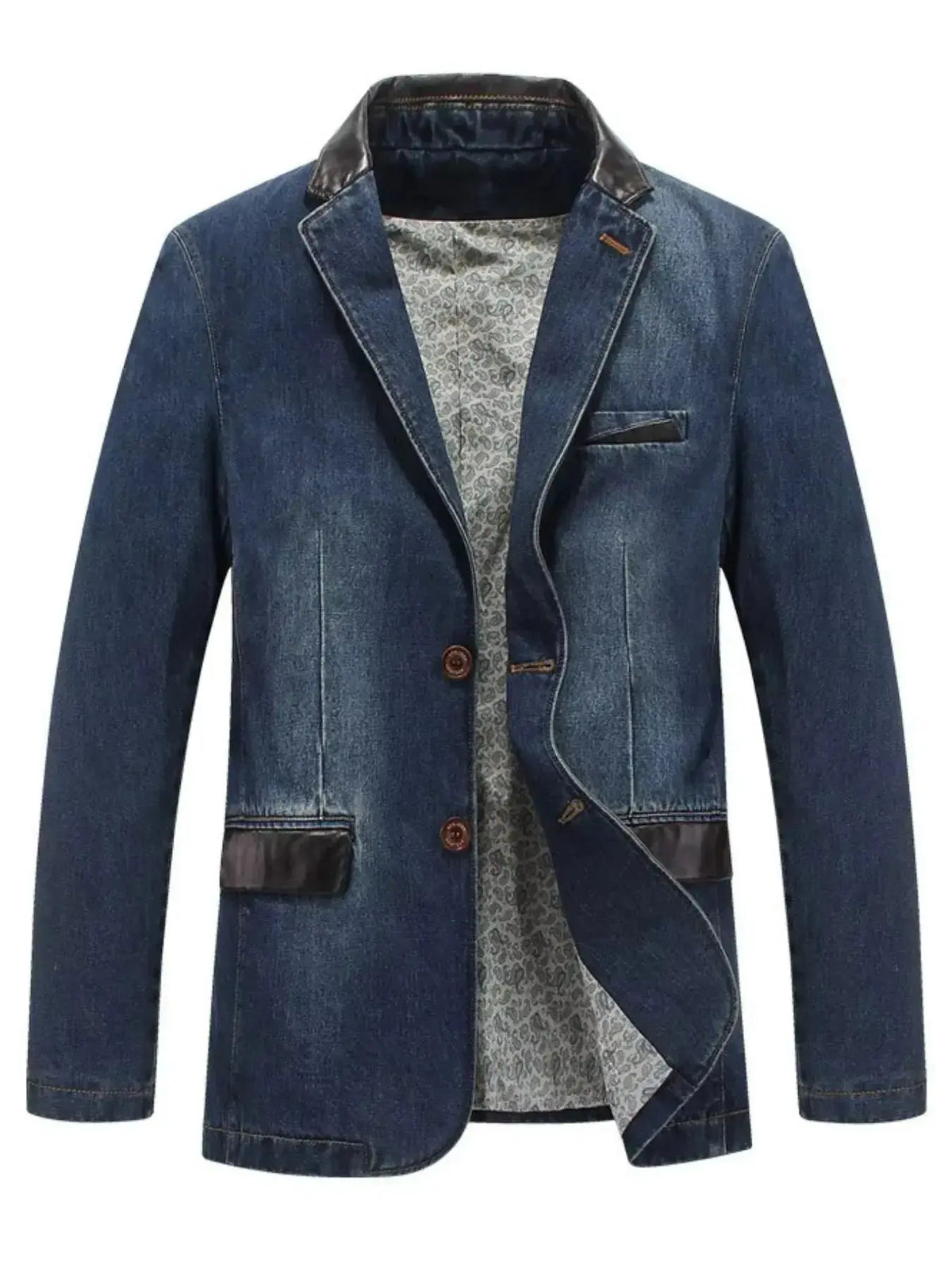Men's plus size structured denim blazer by Plush Fashion Hub featuring a cotton blend fabric and classic lapel design.