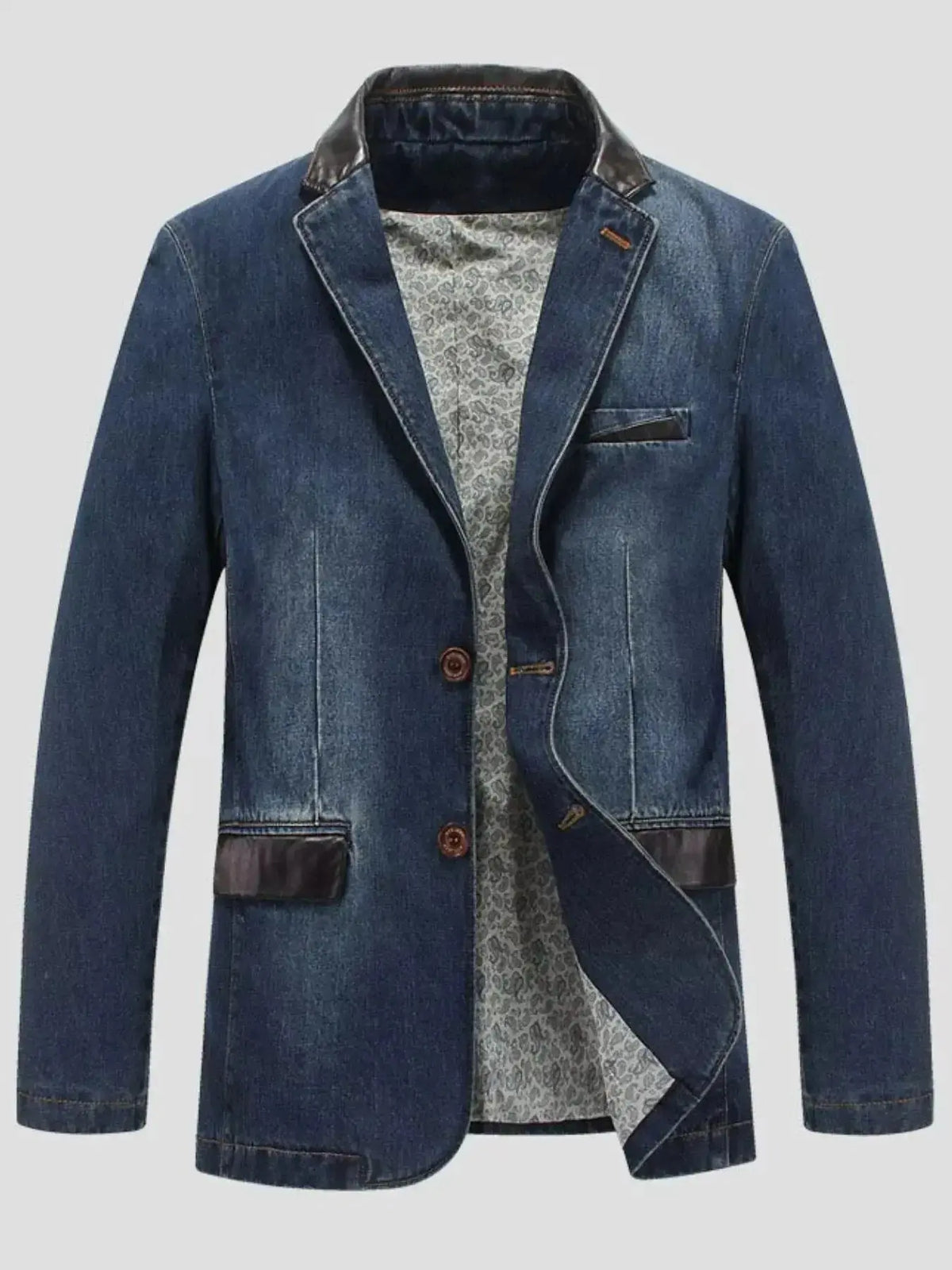 Plus size men's denim blazer with structured cotton blend fabric and lapel collar, stylish men's jacket from Plush Fashion Hub.