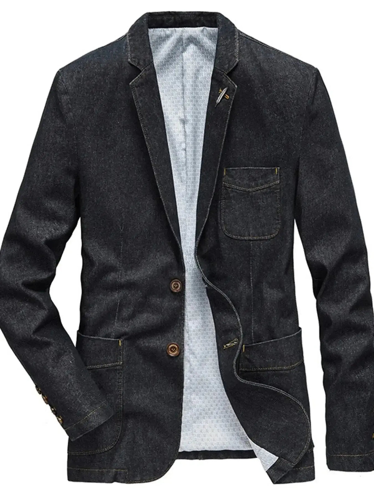 Men's plus size denim blazer jacket with lapel collar and long sleeves, stylish Jean jacket by Plush Fashion Hub.