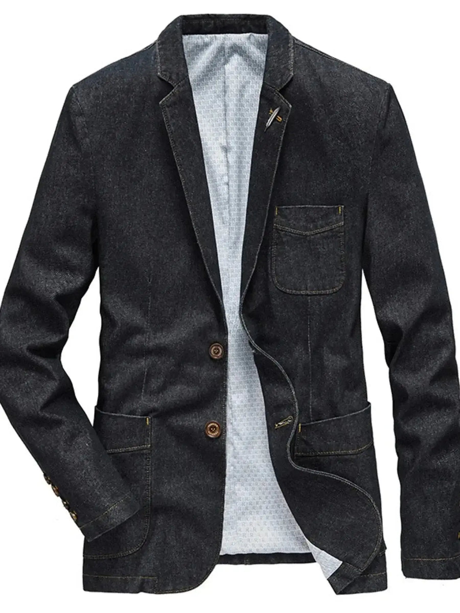 Men's plus size denim blazer jacket with lapel collar and long sleeves, stylish Jean jacket by Plush Fashion Hub.