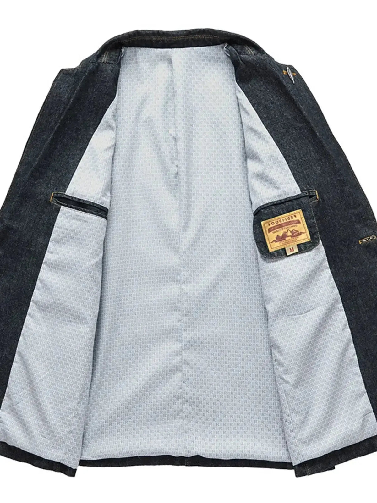 Men's plus size denim blazer with lapel collar, long sleeves, and stylish jean jacket design from Plush Fashion Hub.