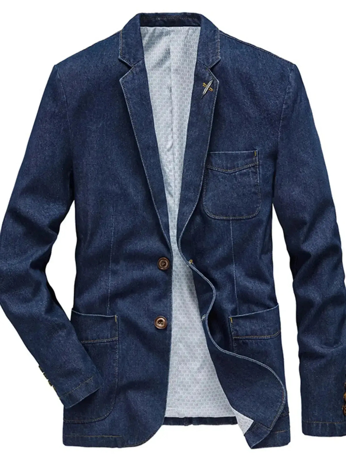 Plus size men's denim blazer with lapel collar and long sleeves, stylish jean jacket by Plush Fashion Hub.