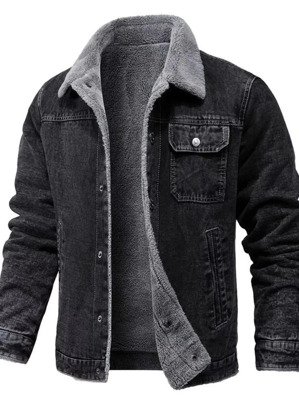Plus size men's denim jacket with sherpa lining, warm button-up casual coat by Plush Fashion Hub, suitable for cold weather.