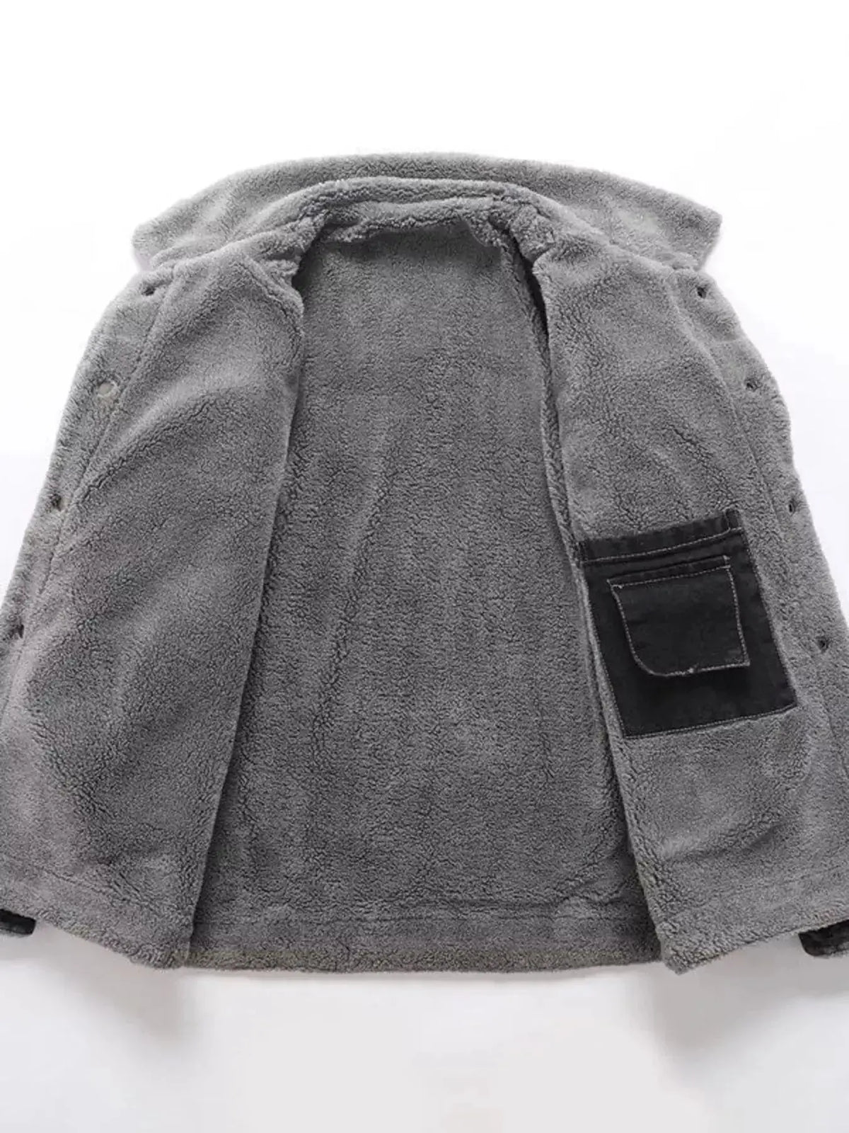 Plus size men's denim jacket with sherpa lining, warm button-up casual coat from Plush Fashion Hub.