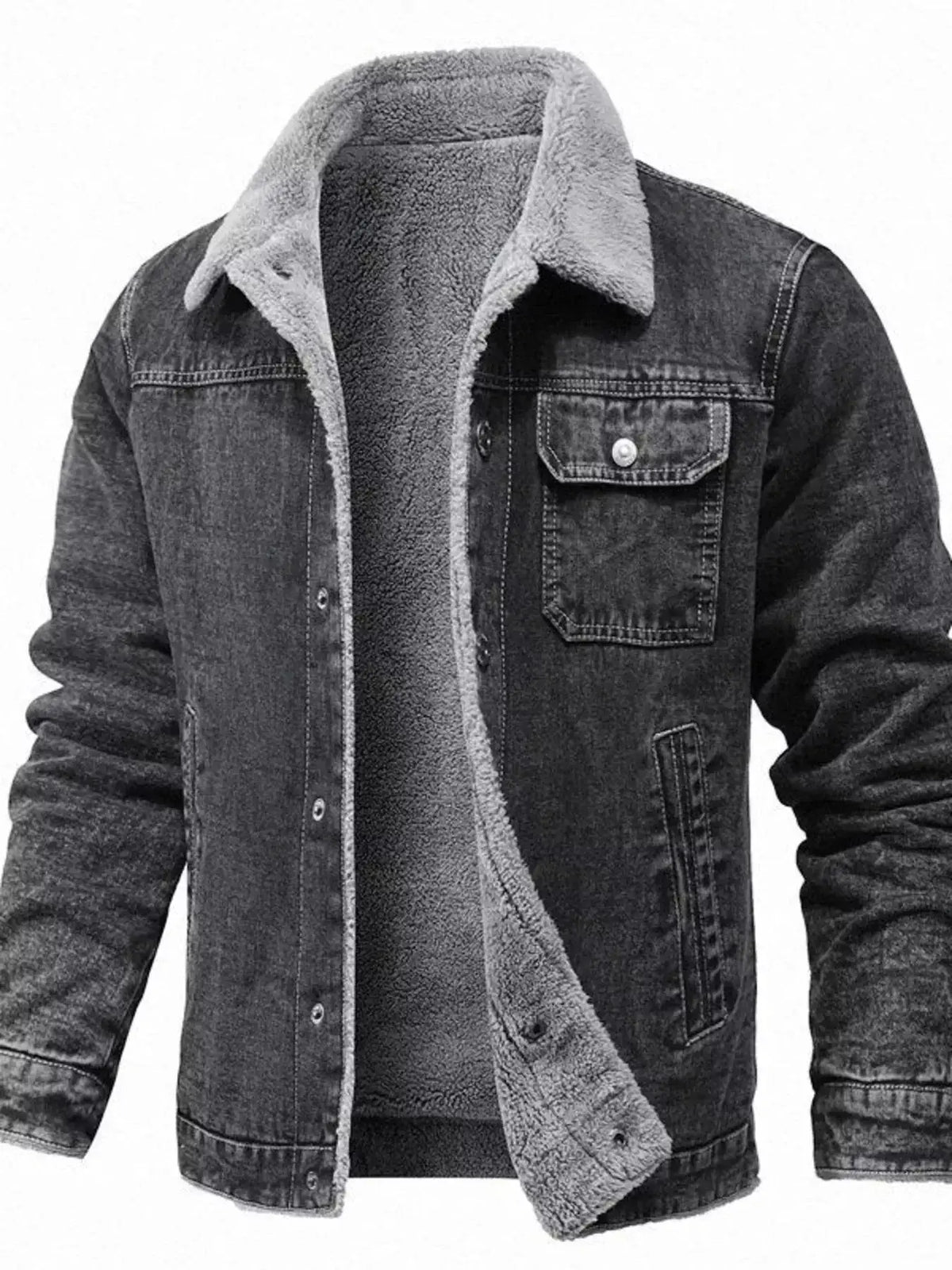 Plus size men's Sherpa lined denim jacket by Plush Fashion Hub, warm button-up casual coat with classic denim style.