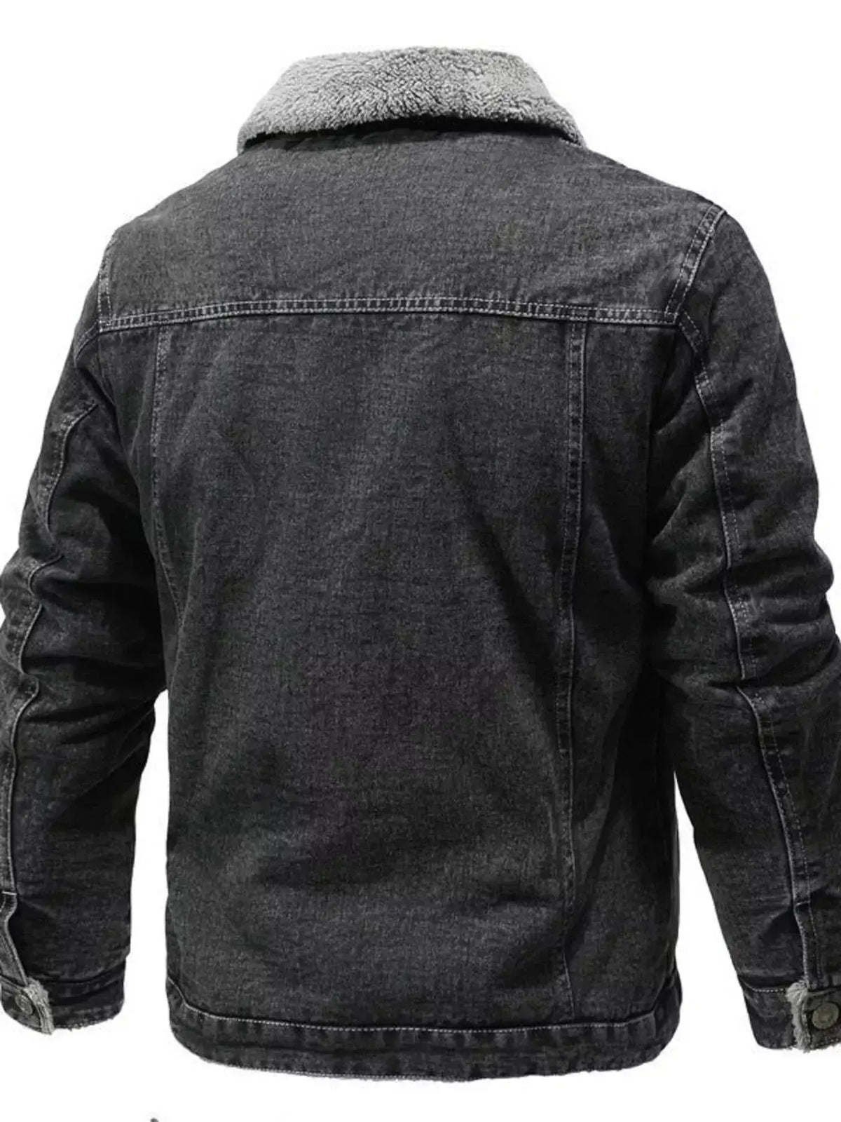 Plus size men's denim jacket with sherpa lining, warm button-up casual coat by Plush Fashion Hub, ideal for cold weather.