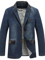 Men's plus size structured denim blazer with classic button-up cotton design, by Trendsi, shown in a stylish, fitted view.