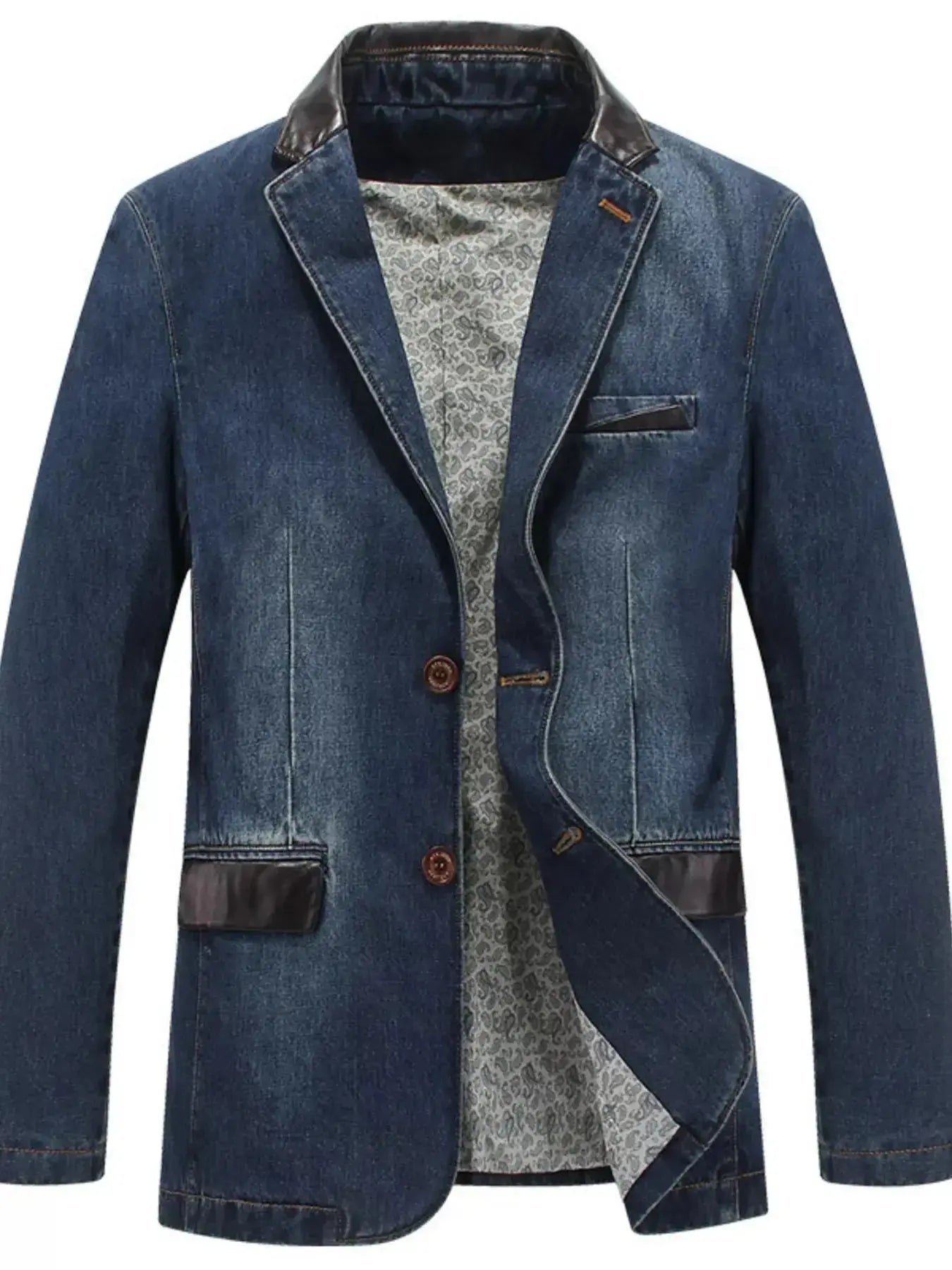 Men's plus size structured denim blazer with classic button-up cotton design, by Trendsi, shown in a stylish, fitted view.
