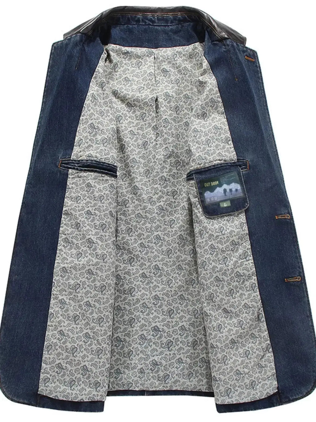 Men's plus size structured denim blazer with classic button-up design, cotton jacket by Trendsi, featuring a tailored fit and durable denim fabric.