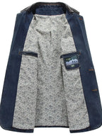 Men's plus size structured denim blazer with classic button-up design, cotton jacket by Trendsi, featuring a tailored fit and durable denim fabric.