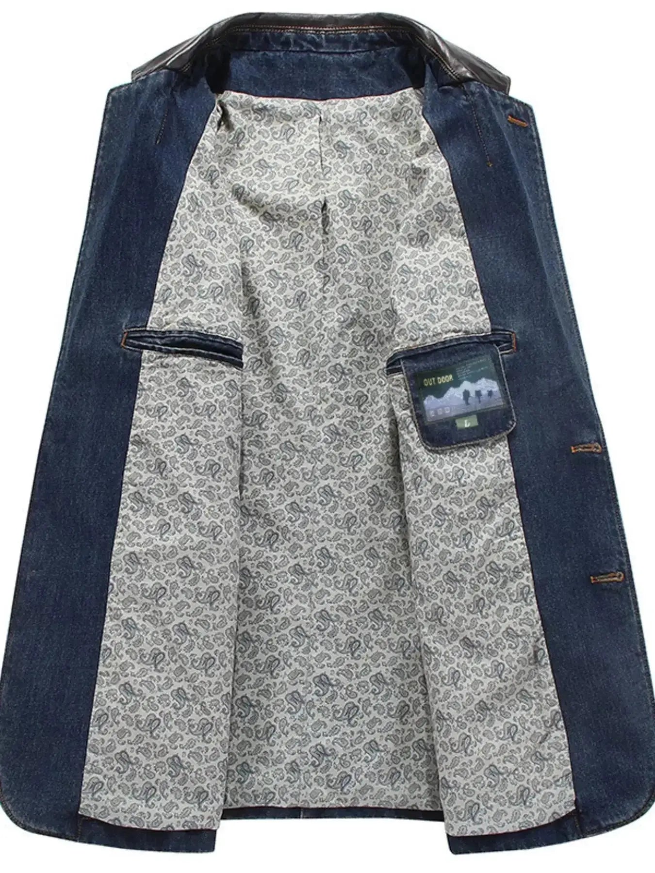 Men's plus size structured denim blazer with classic button-up design, cotton jacket by Trendsi, featuring a tailored fit and durable denim fabric.