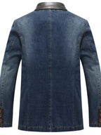 Men's plus size structured denim blazer with classic button-up design and cotton fabric, featuring a stylish and tailored fit by Trendsi.