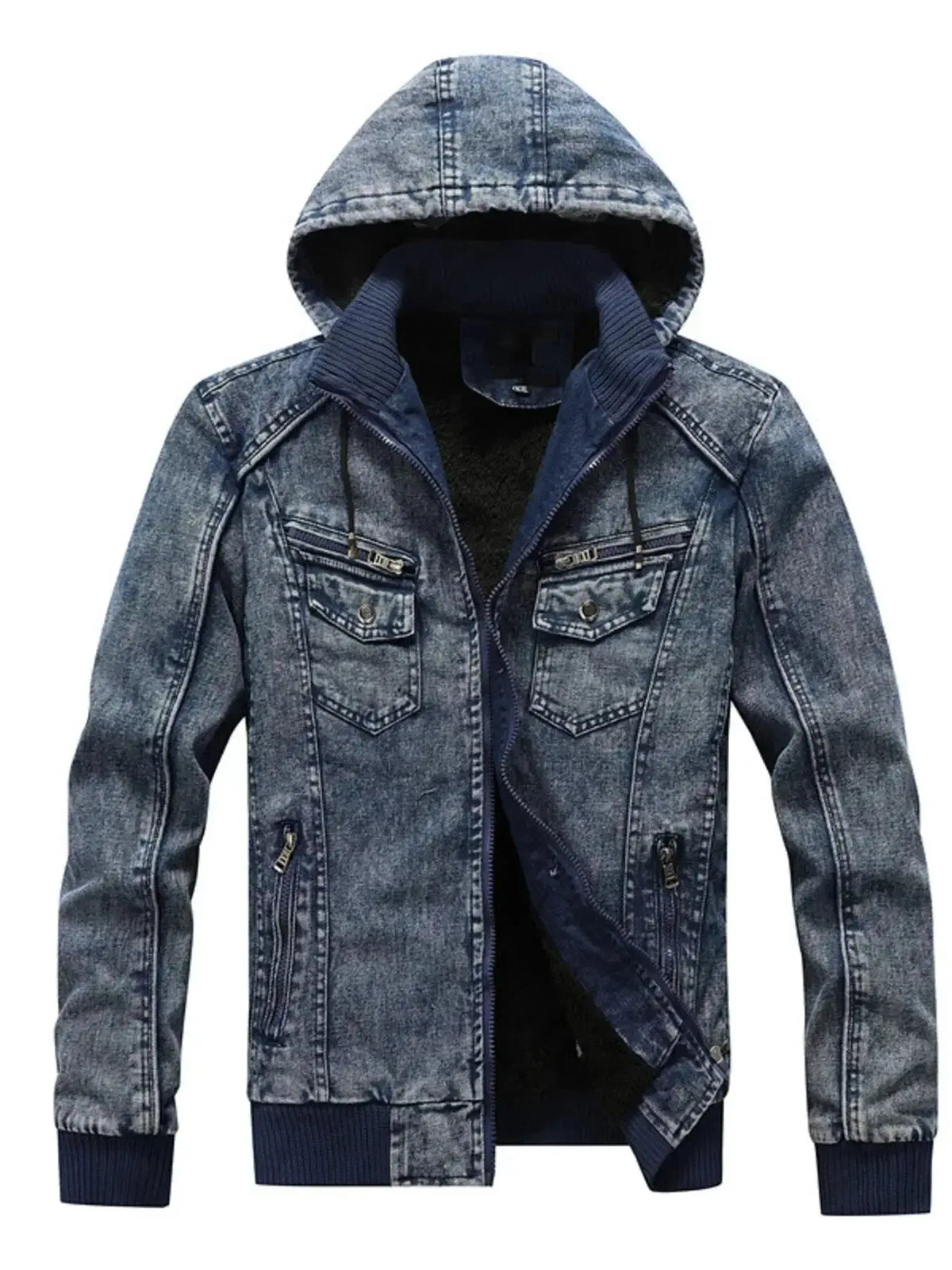 Men's plus size zip-up hooded denim jacket by Plush Fashion Hub, casual stretch denim outerwear with a relaxed fit.