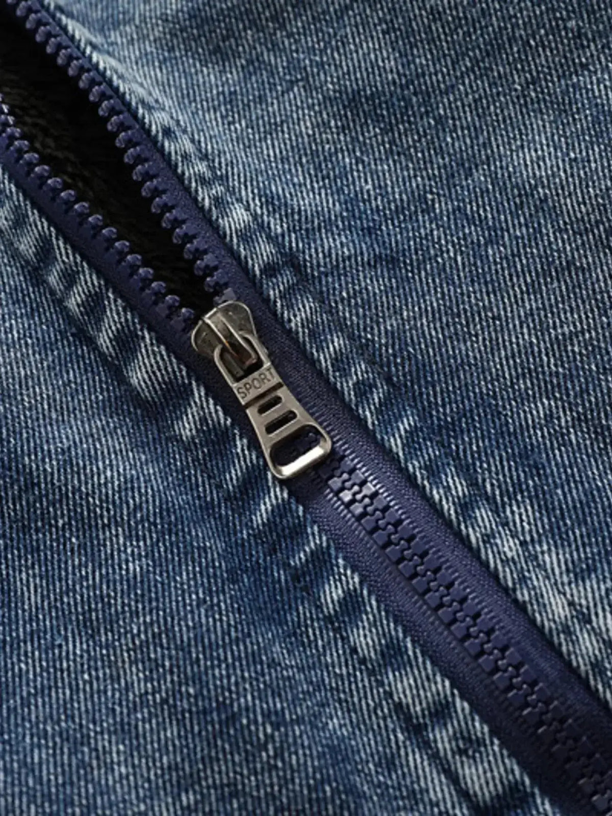 Men's plus size zip-up denim jacket with hood, casual stretch outerwear, made by Plush Fashion Hub.