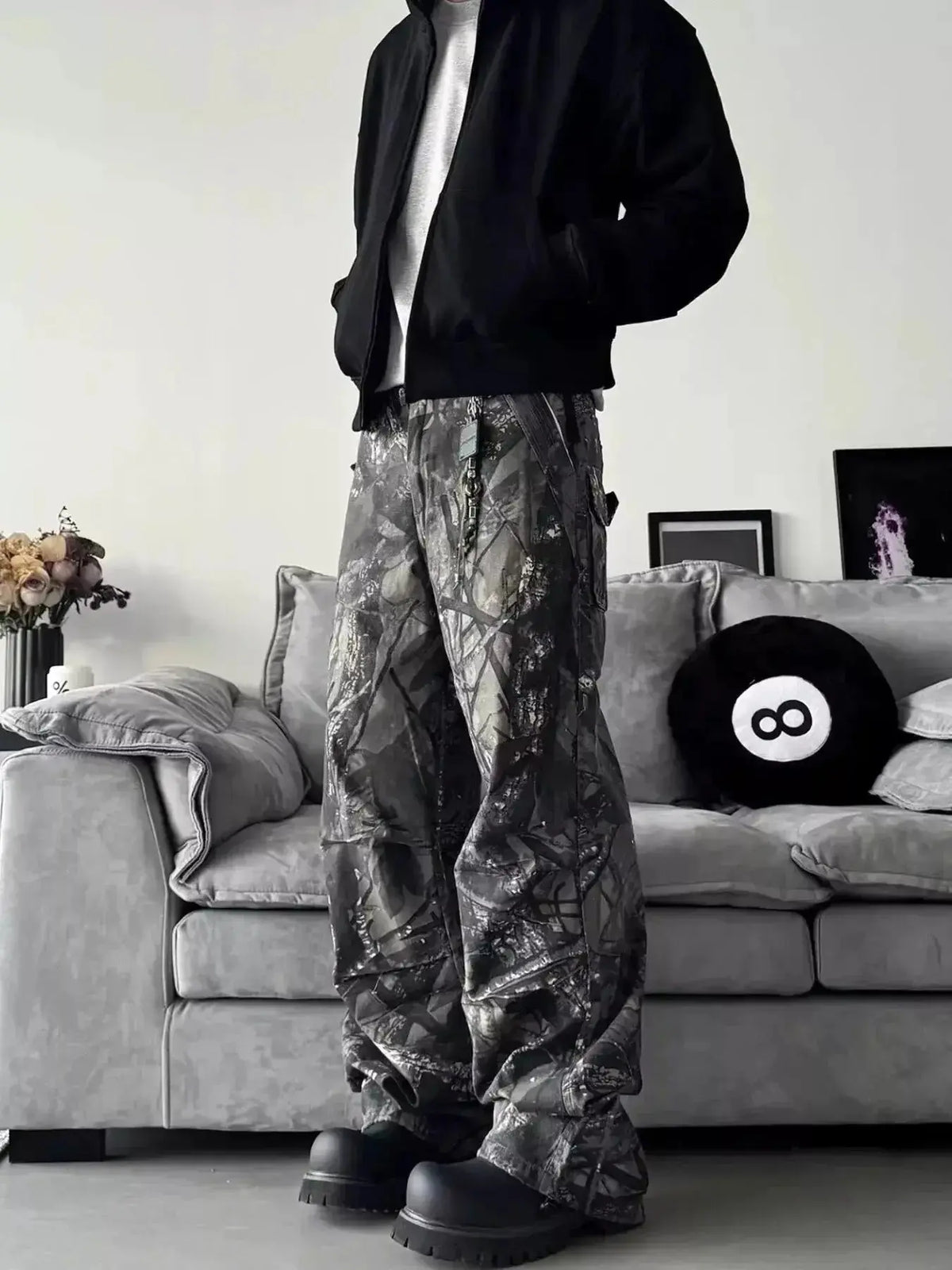 Men's relaxed fit camo print denim jeans by Plush Fashion Hub, featuring a casual urban streetwear style.