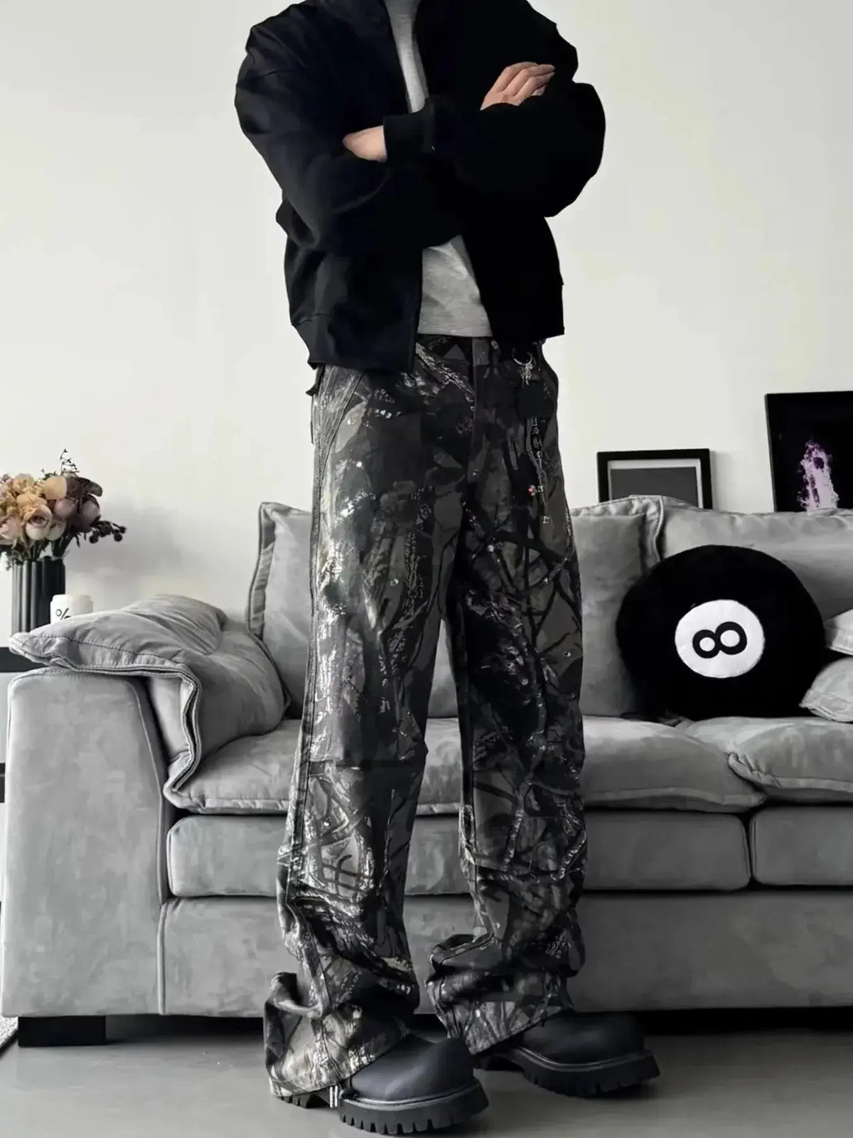 Men's relaxed fit camo print denim jeans by Plush Fashion Hub, featuring urban casual style and streetwear-inspired design.