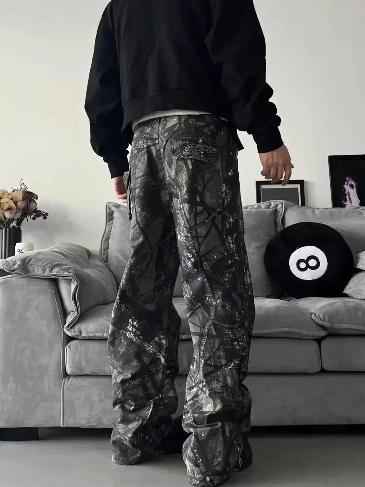 Men's relaxed fit camo print denim jeans by Plush Fashion Hub featuring urban casual streetwear style.