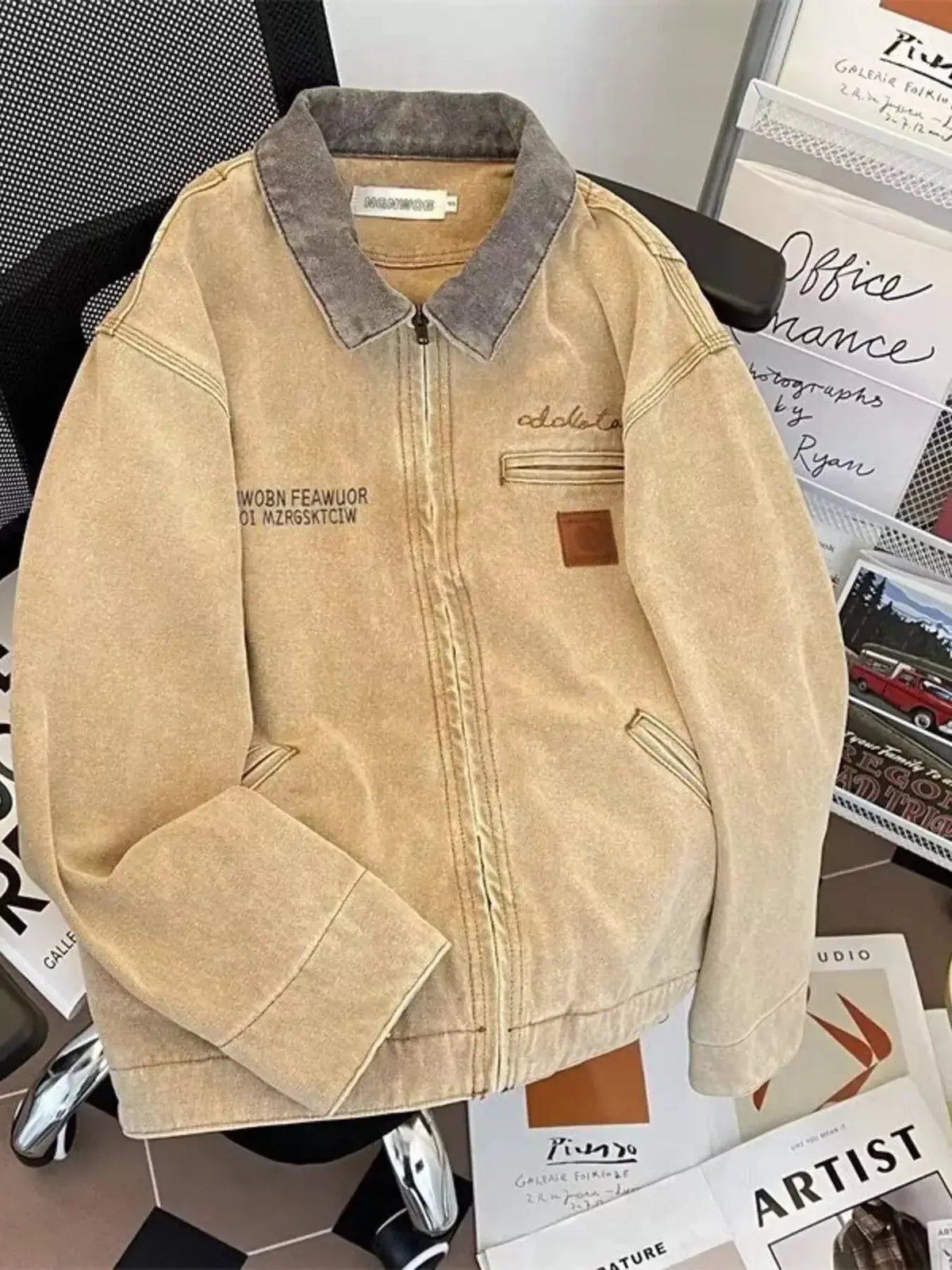 Men's relaxed fit washed denim zip-up jacket by Plush Fashion Hub, front view showcasing casual style and classic denim texture.