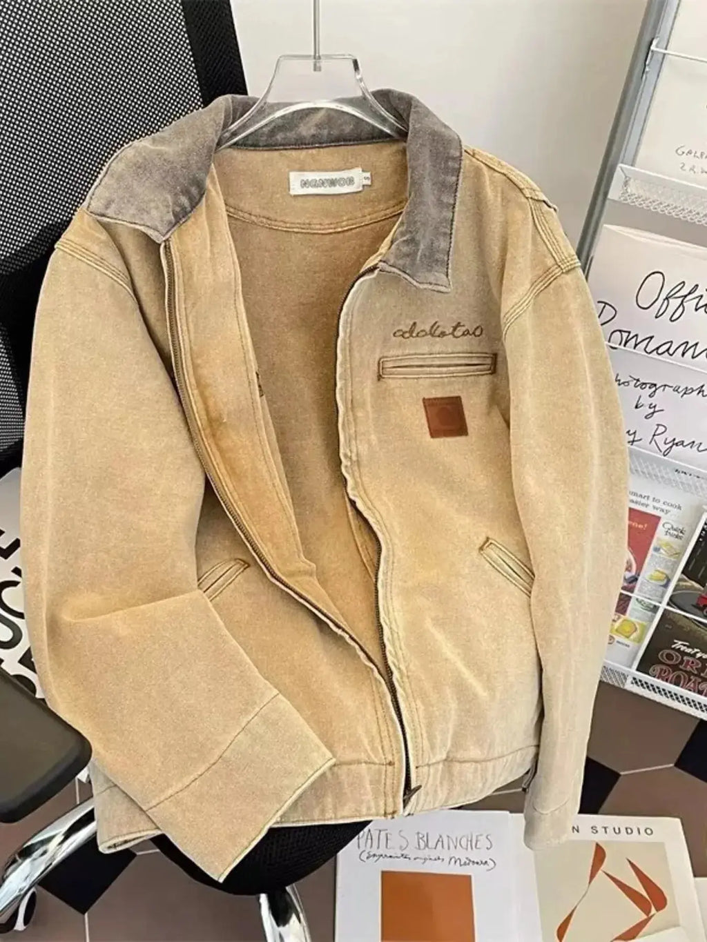 Men's relaxed fit washed denim zip-up jacket from Trendsi, featuring a casual style with visible denim texture and a front zipper.