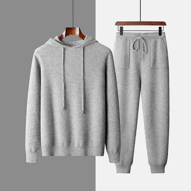 Men's casual hooded knitted sweatshirt and jogger set in solid color, activewear by Plush Fashion Hub.