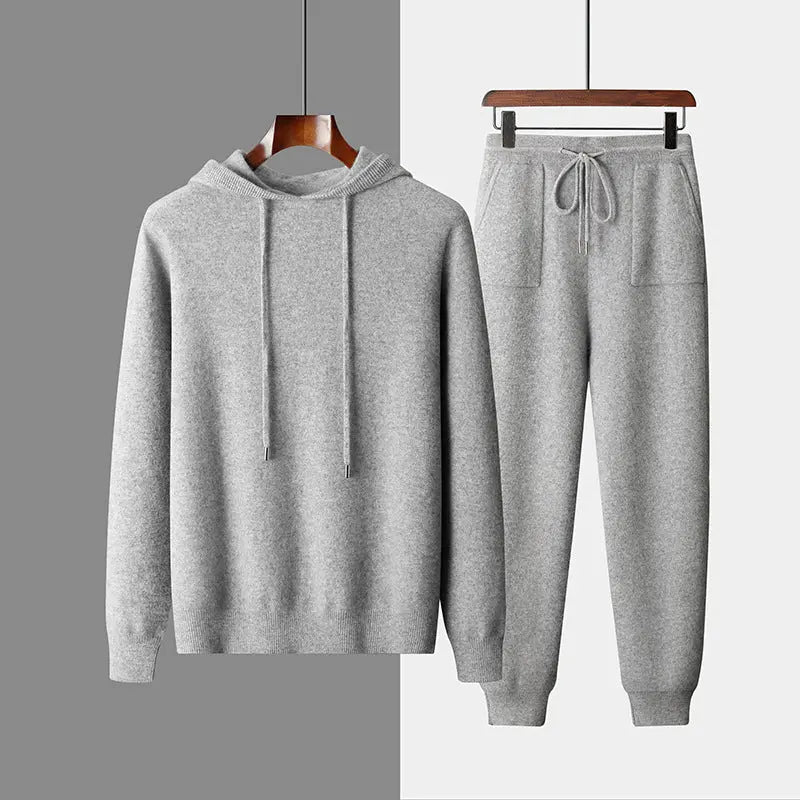 Men's Solid Color Casual Hooded Knitted Sweatshirt Long Pants Set - Plush Fashion Hub