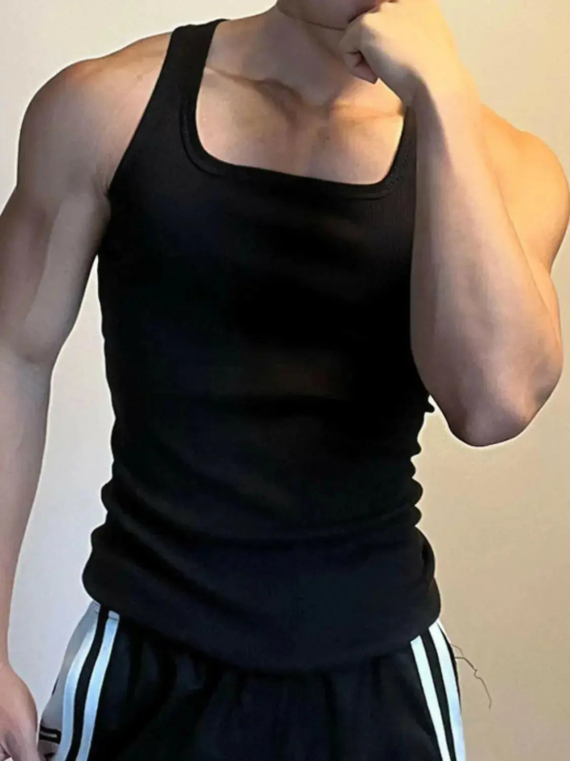 Men's square neck athletic tank top with wide straps, breathable sleeveless shirt from Plush Fashion Hub.