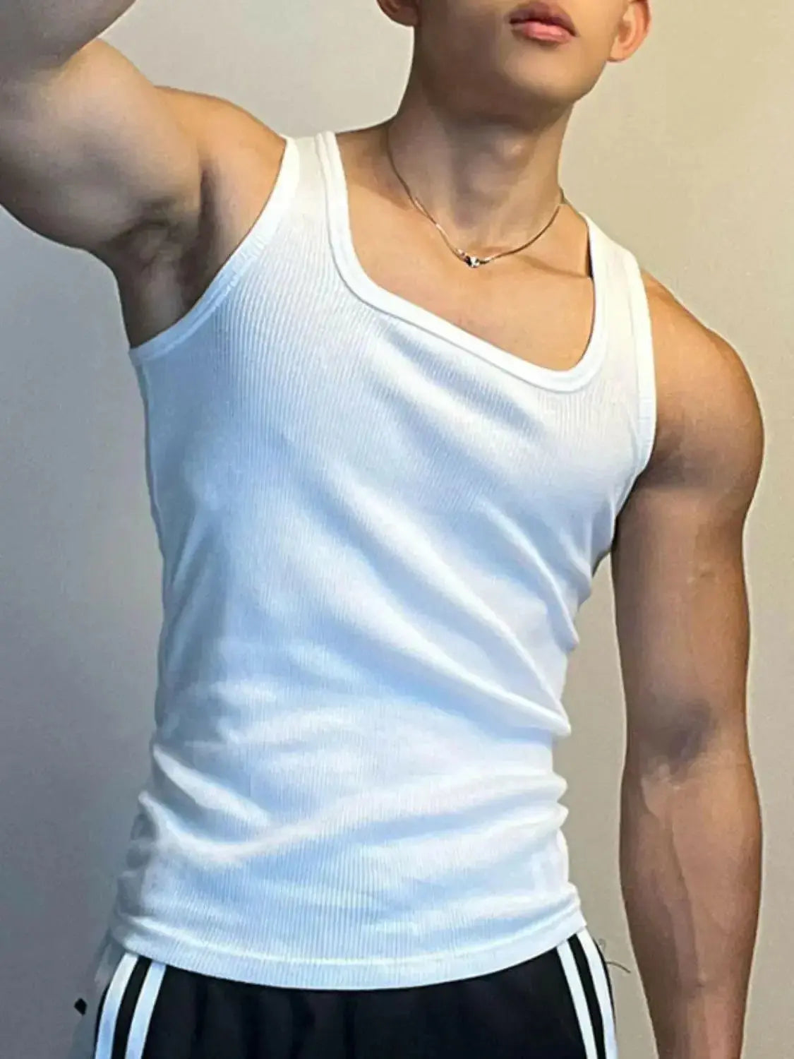 Men's square neck wide strap athletic tank top by Plush Fashion Hub, breathable sleeveless shirt for active wear.