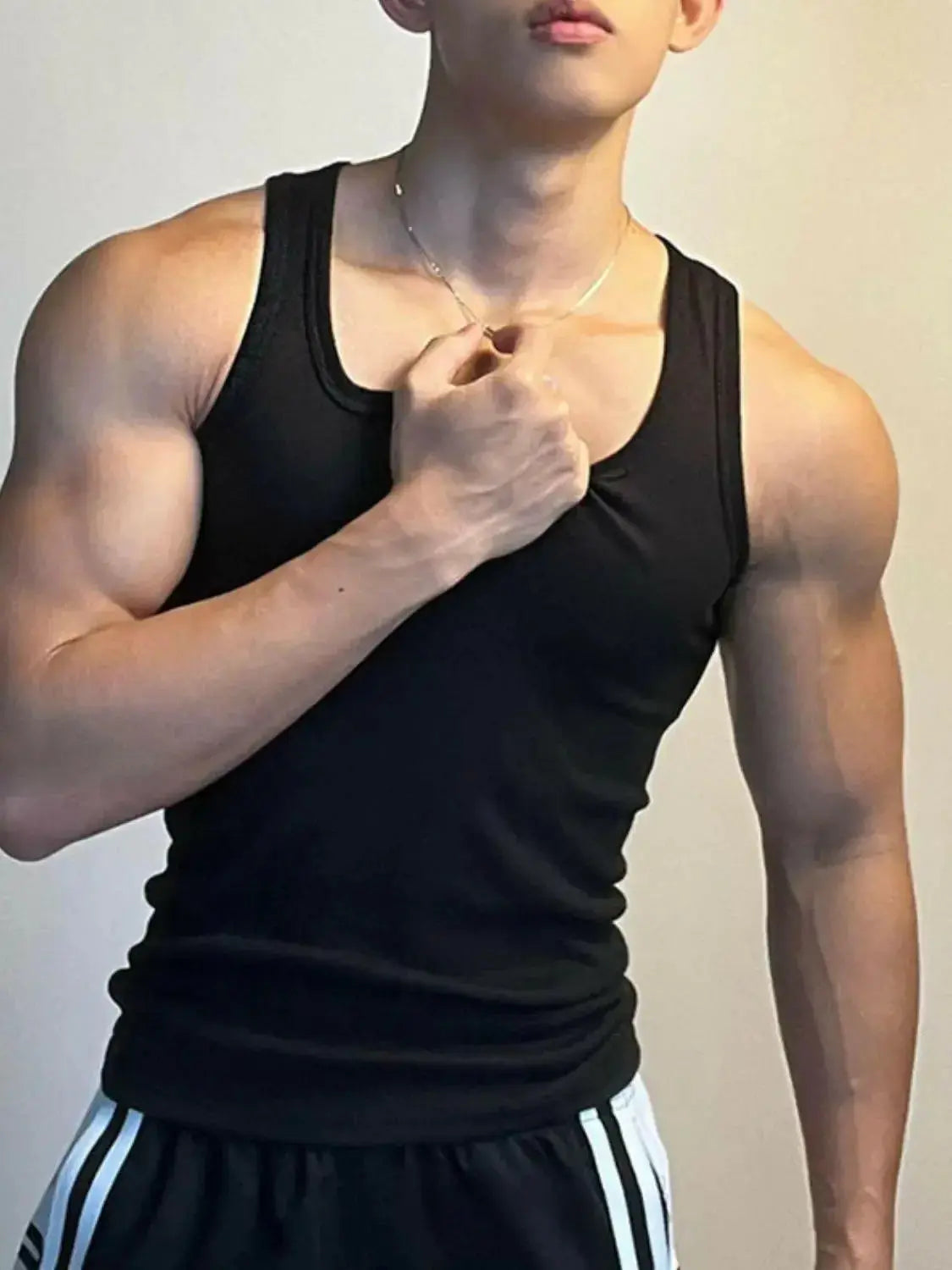 Men's square neck athletic tank top with wide straps, breathable sleeveless shirt by Plush Fashion Hub.