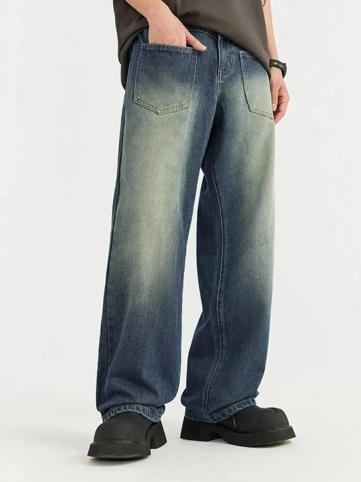 Men's vintage wash wide-leg denim jeans by Plush Fashion Hub featuring relaxed fit cotton pants and classic denim style.