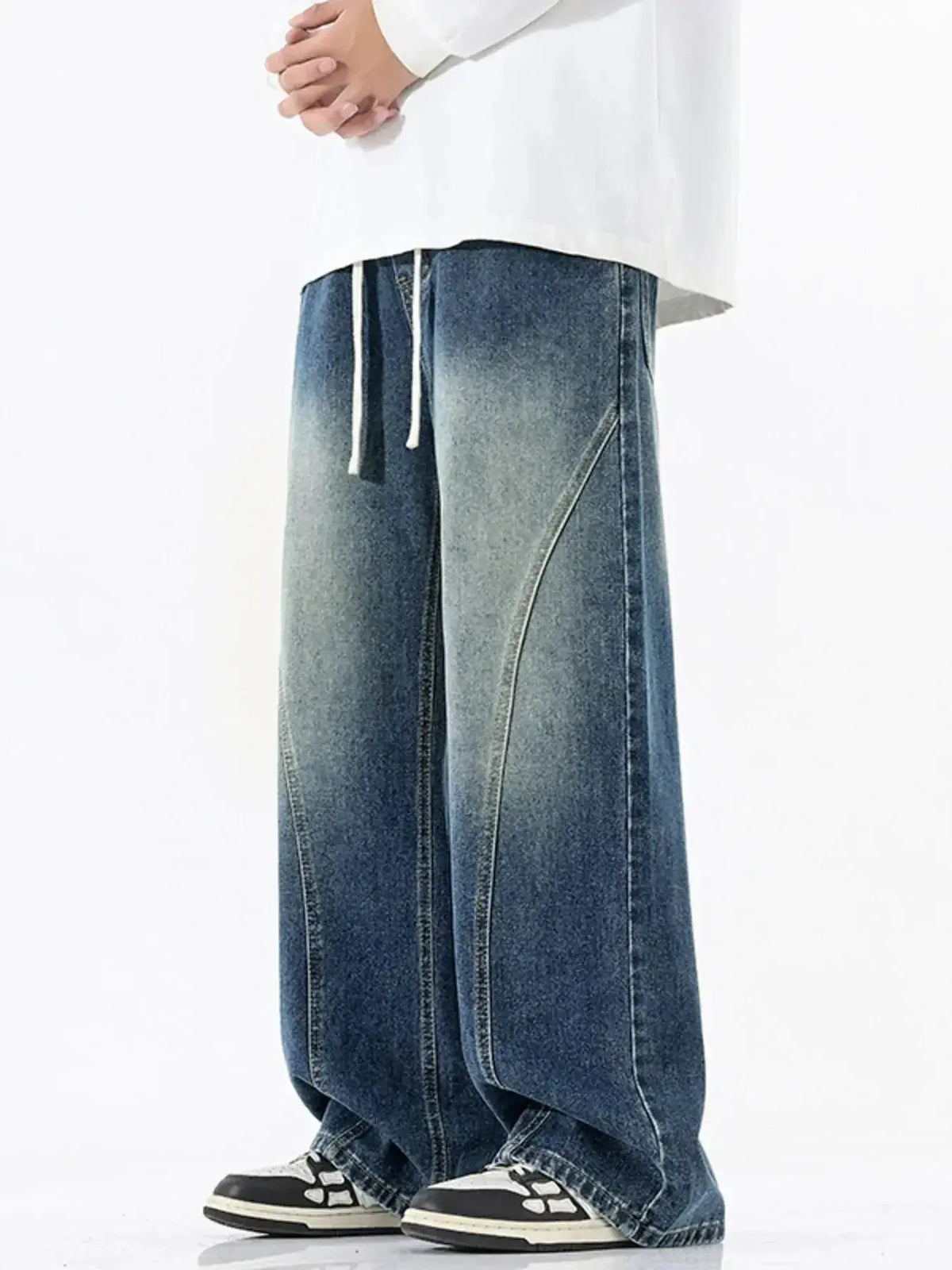 Men's vintage wash wide-leg drawstring jeans by Plush Fashion Hub, relaxed fit cotton denim with a casual, trendy style.