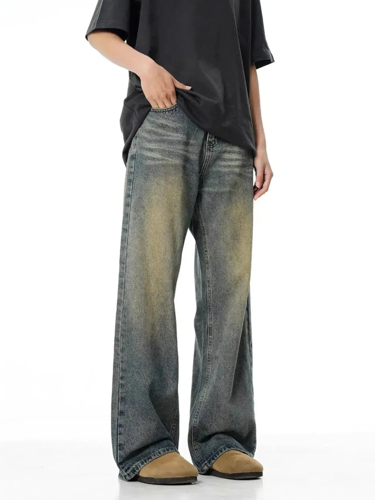 Men's vintage wash wide leg denim jeans by Plush Fashion Hub featuring a relaxed fit and classic style.