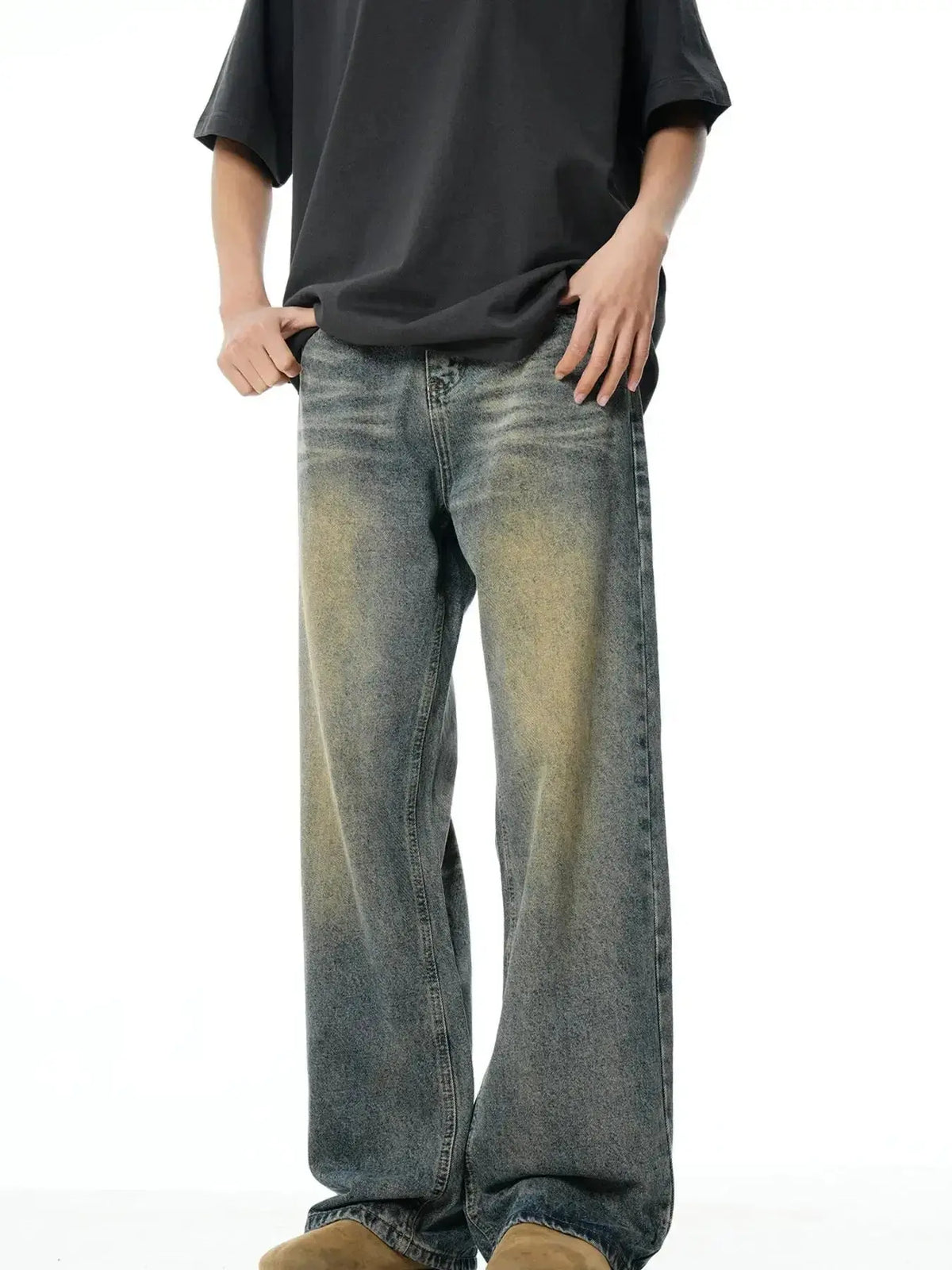 Men's vintage wash wide-leg relaxed fit denim jeans by Plush Fashion Hub, featuring classic denim texture and relaxed silhouette.