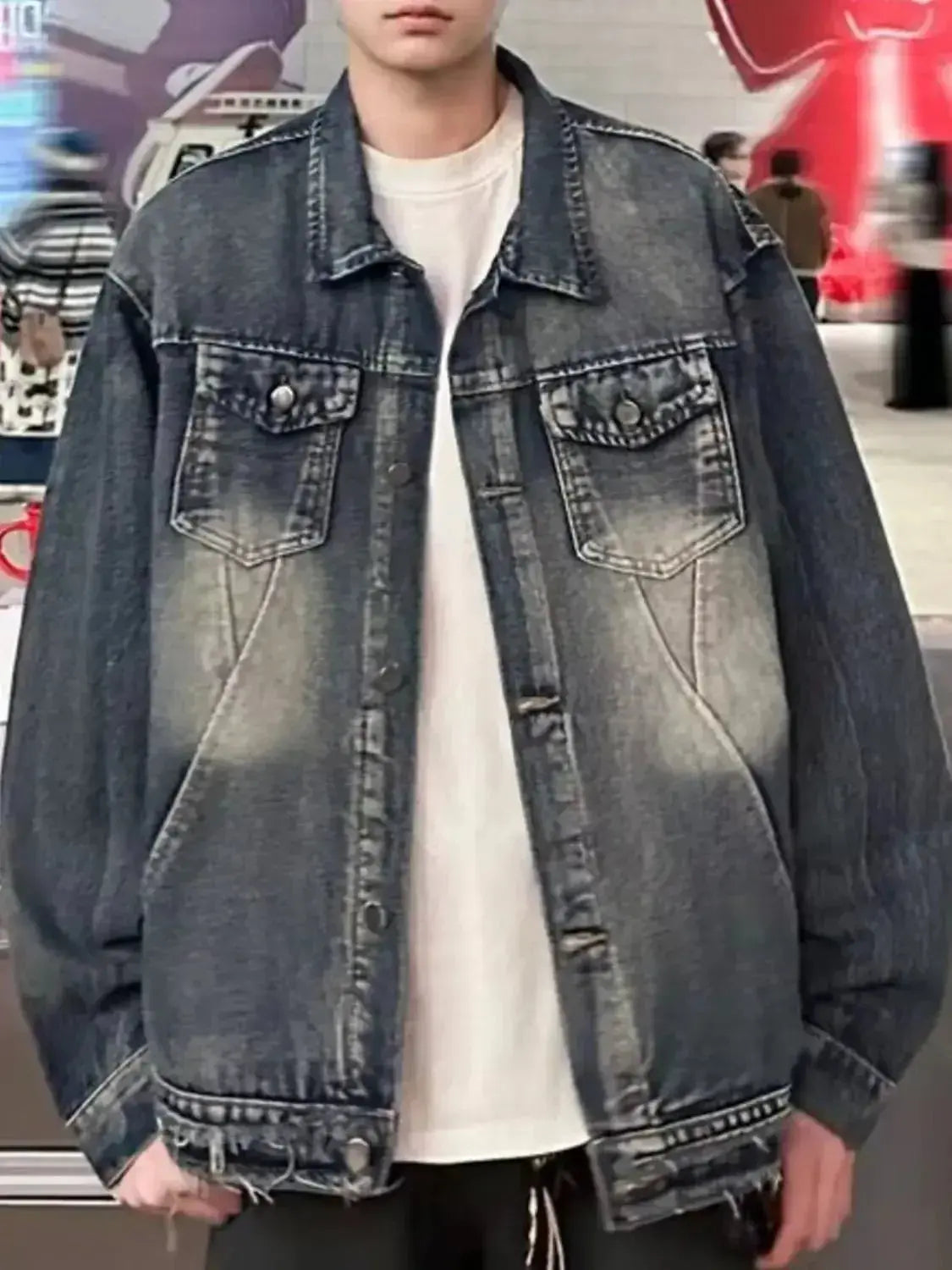 Men's vintage washed denim jacket from Plush Fashion Hub, made of durable 100% cotton, classic denim outerwear with a timeless style.
