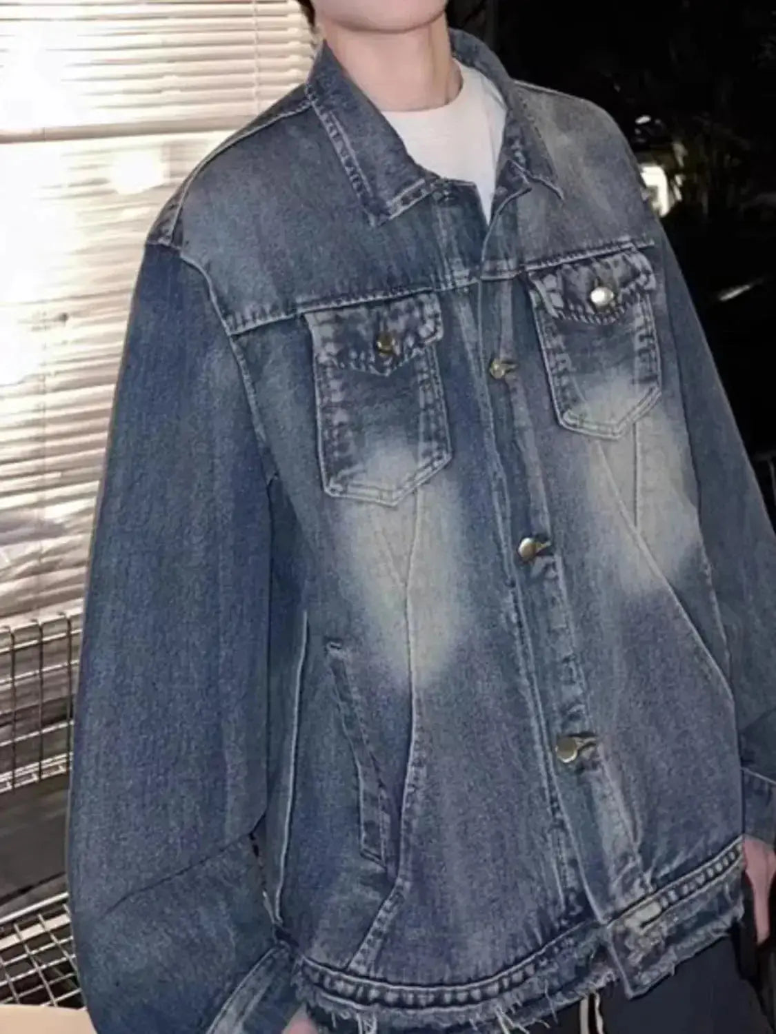 Men's vintage washed denim jacket from Plush Fashion Hub, durable 100% cotton classic outerwear with a timeless denim style.