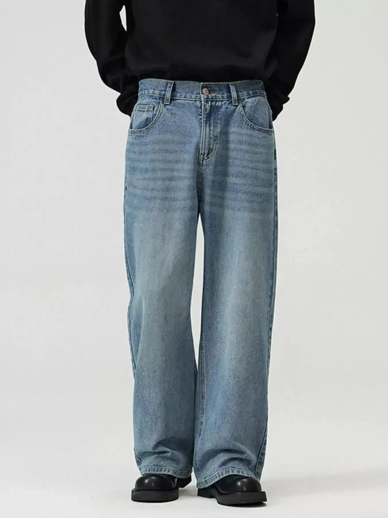 Men's washed straight-leg stretch jeans by Trendsi, showcasing comfortable everyday denim with a relaxed fit and classic style.