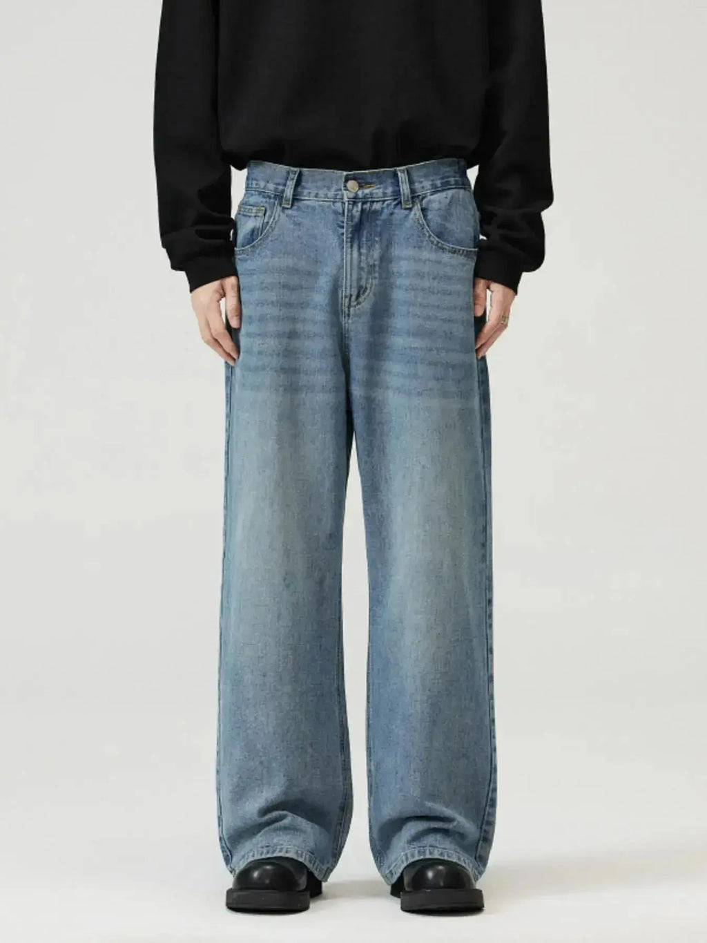 Men's washed straight-leg stretch jeans by Trendsi, showcasing comfortable, everyday denim with a relaxed fit and classic style.