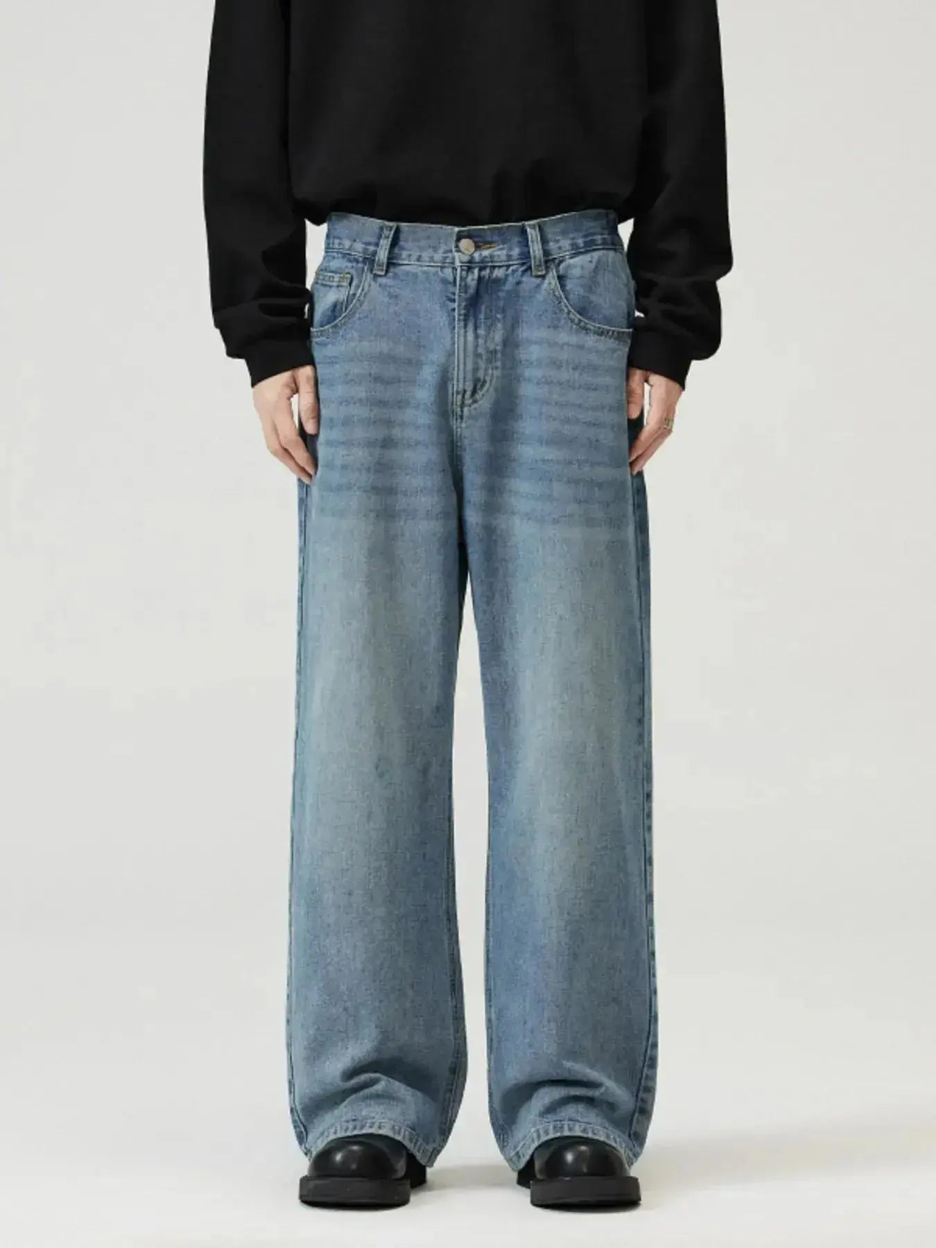 Men's washed straight-leg stretch jeans by Trendsi, showcasing comfortable, everyday denim with a relaxed fit and classic style.