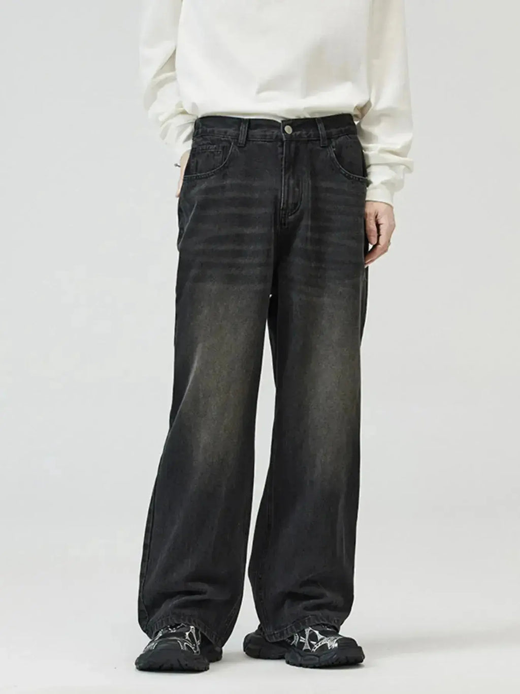 Men's washed straight-leg stretch jeans by Trendsi, showcasing classic denim fit and comfortable everyday style.
