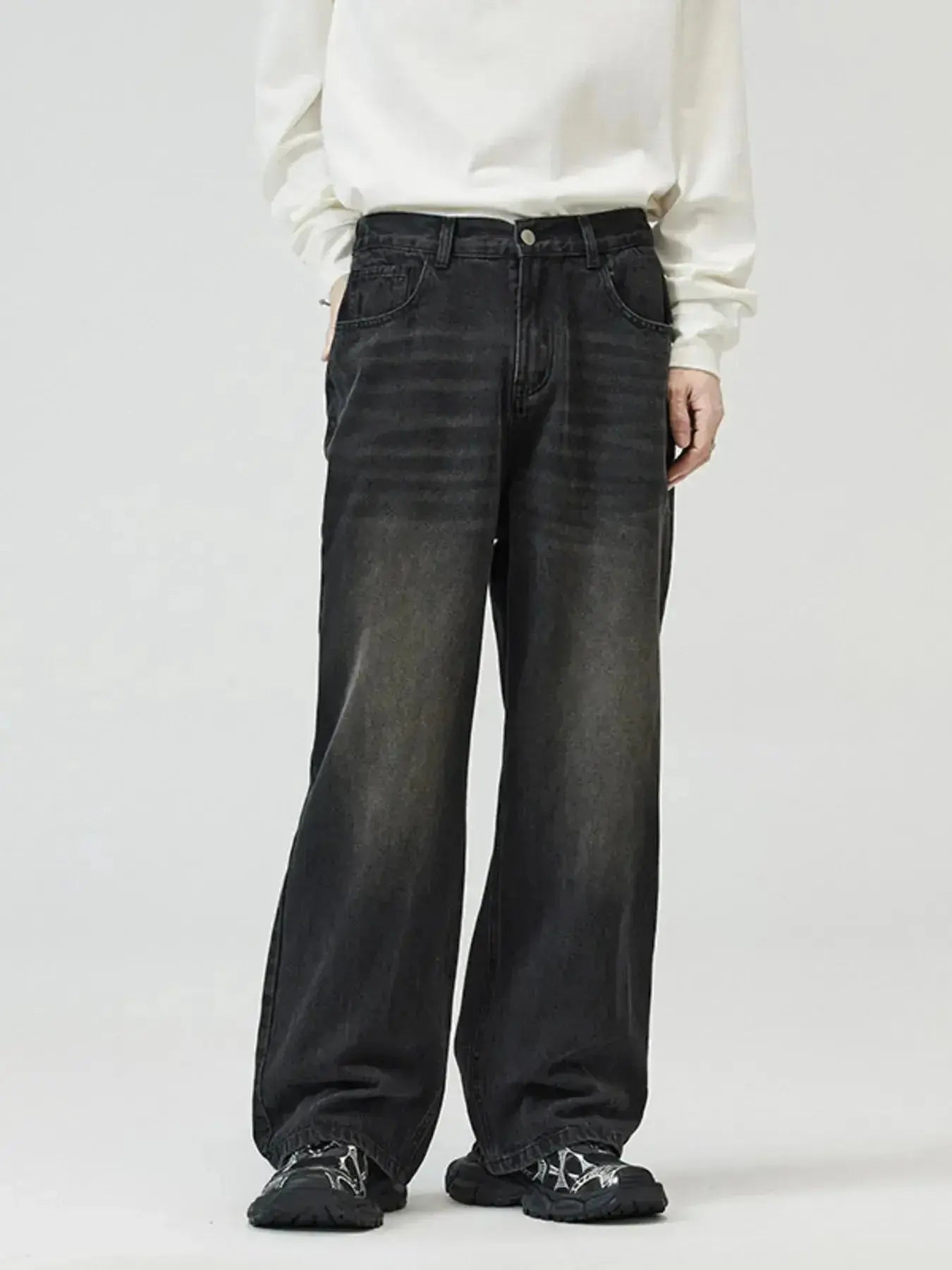Men's washed straight-leg stretch jeans by Trendsi, showcasing classic denim fit and comfortable everyday style.