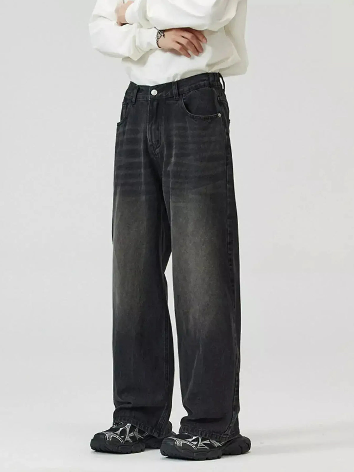 Men's washed straight-leg stretch jeans by Plush Fashion Hub, showcasing comfortable everyday denim with a relaxed fit and casual style.