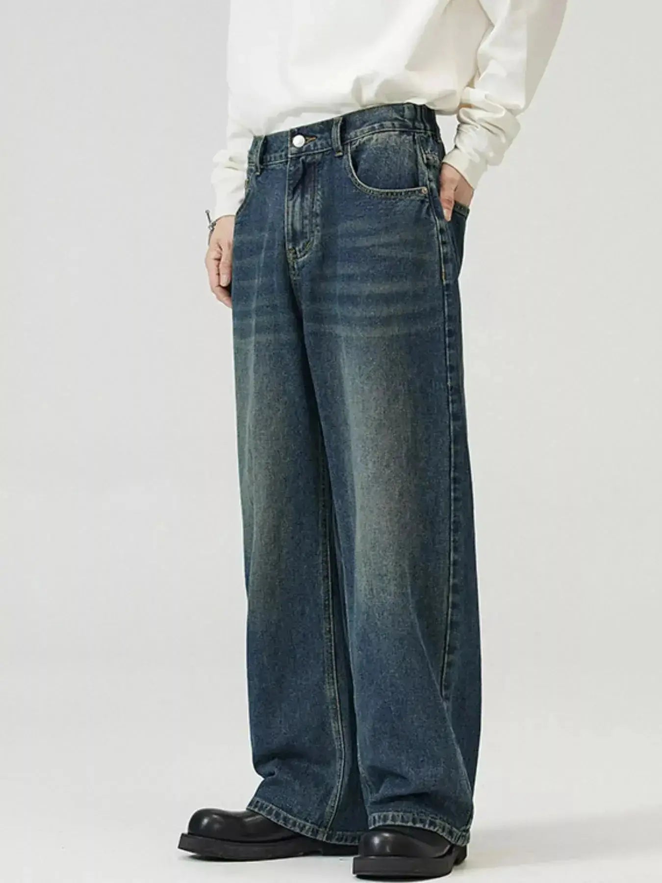 Men's washed straight-leg stretch jeans by Trendsi, showcasing comfortable everyday denim with a relaxed fit and classic style.