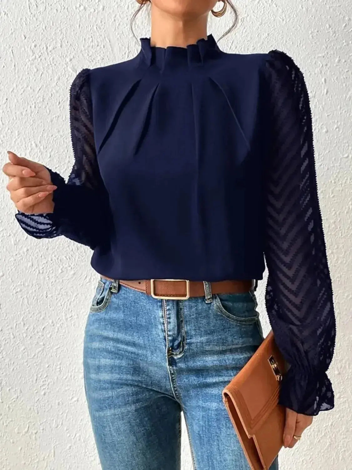 Elegant mock neck blouse with flounce sleeves from Plush Fashion Hub, featuring a stylish and feminine shirt design.